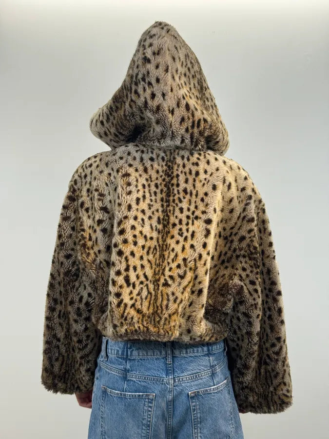 1990s Emporio Armani Beige Faux Fur Leopard Cropped Hooded Coat AKdvVMS 2