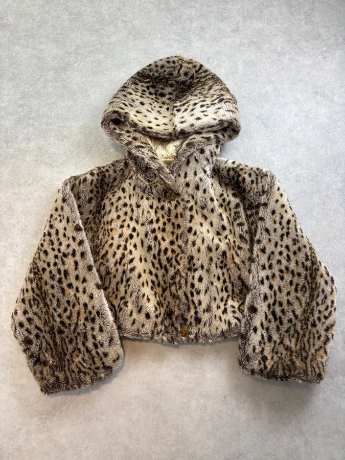 1990s Emporio Armani Beige Faux Fur Leopard Cropped Hooded Coat AKdvVMS 0