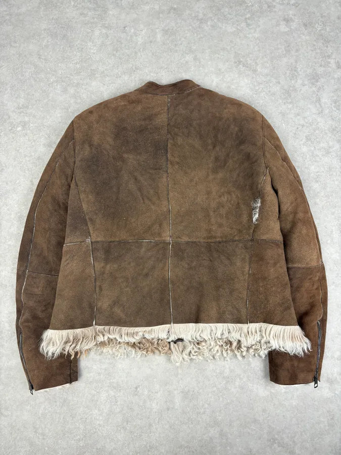 AW2003 Emporio Armani Brown Beige Shearling Fur-Lined Leather Jacket yxFuPGD 4