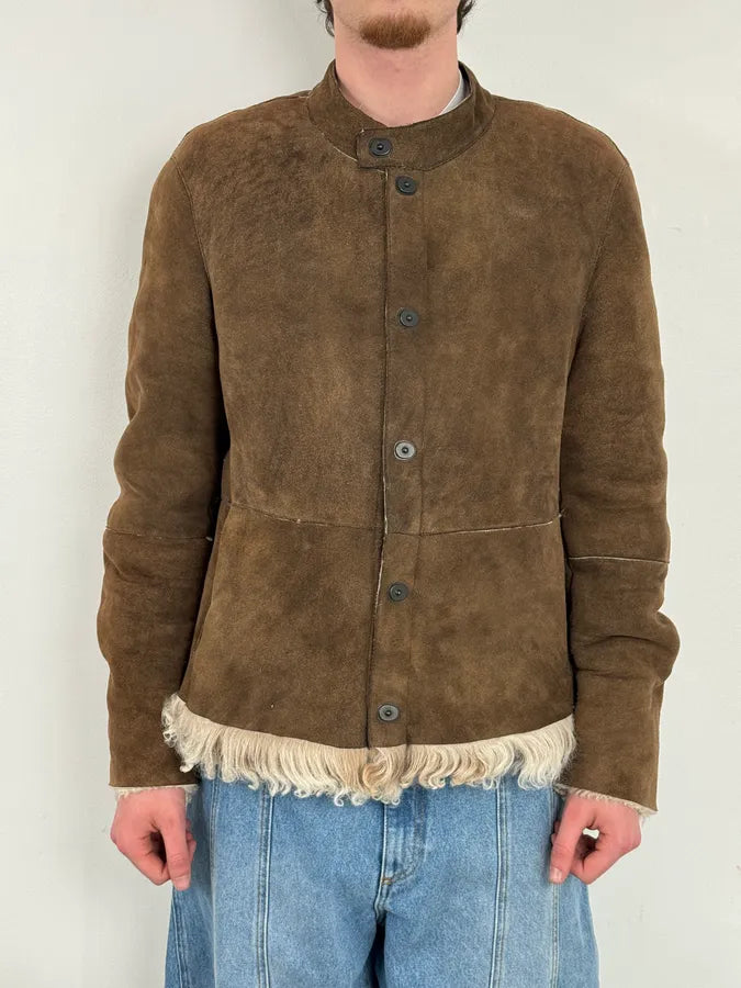 AW2003 Emporio Armani Brown Beige Shearling Fur-Lined Leather Jacket yxFuPGD 1