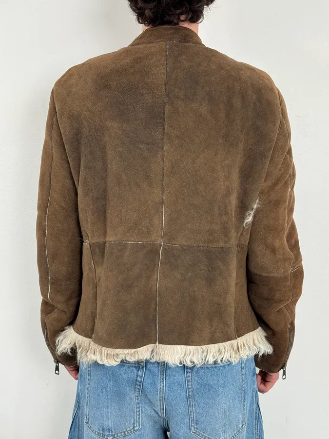 AW2003 Emporio Armani Brown Beige Shearling Fur-Lined Leather Jacket yxFuPGD 2