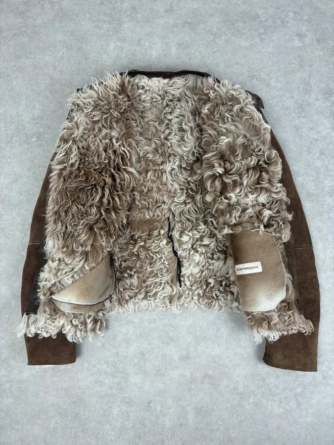 AW2003 Emporio Armani Brown Beige Shearling Fur-Lined Leather Jacket yxFuPGD 7