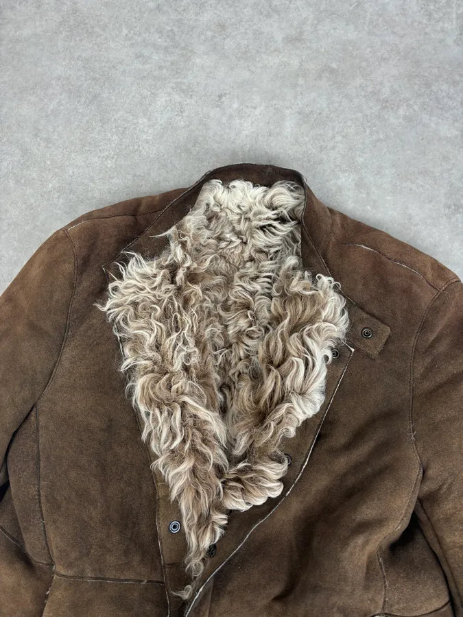 AW2003 Emporio Armani Brown Beige Shearling Fur-Lined Leather Jacket yxFuPGD 6