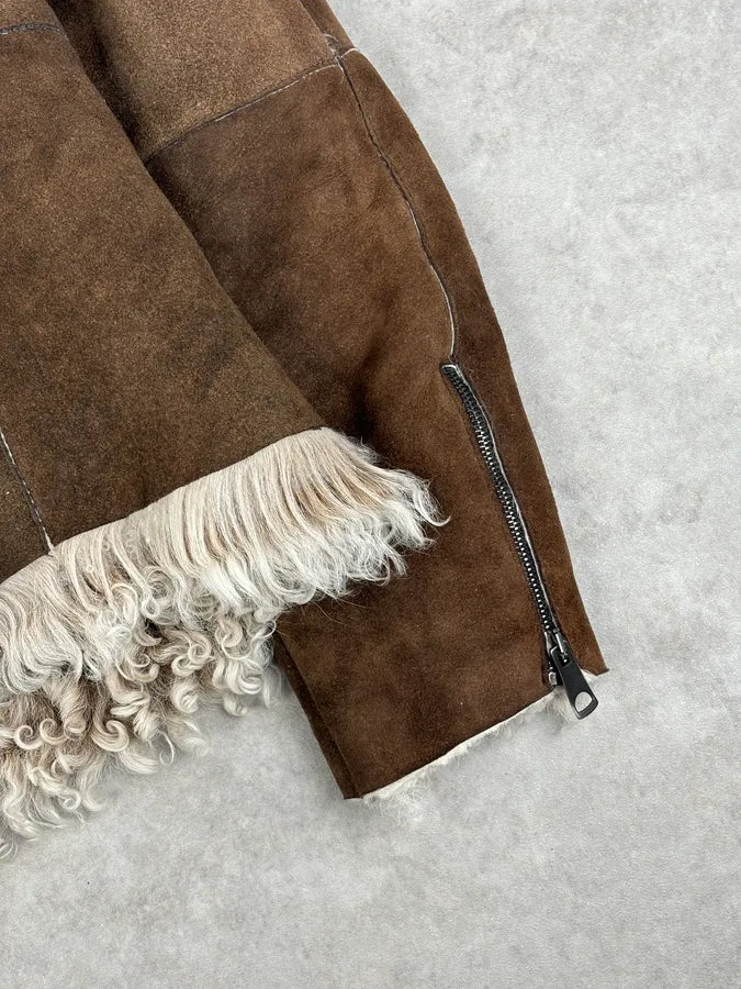 AW2003 Emporio Armani Brown Beige Shearling Fur-Lined Leather Jacket yxFuPGD 10
