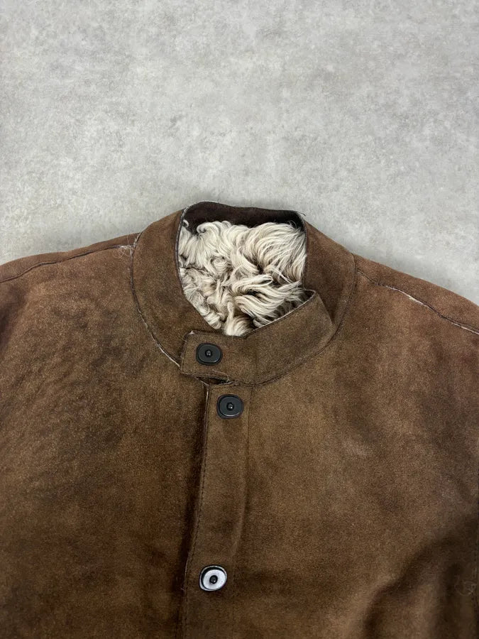AW2003 Emporio Armani Brown Beige Shearling Fur-Lined Leather Jacket yxFuPGD 3