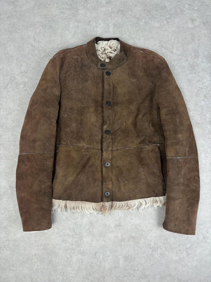 AW2003 Emporio Armani Brown Beige Shearling Fur-Lined Leather Jacket yxFuPGD 0