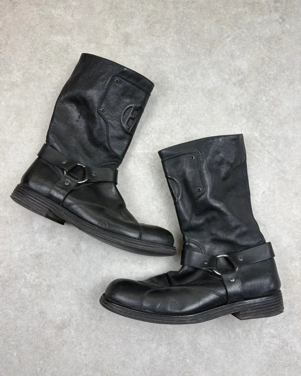 AW2003 Emporio Armani Black Buckle Leather High Boots ppPuEZF 0