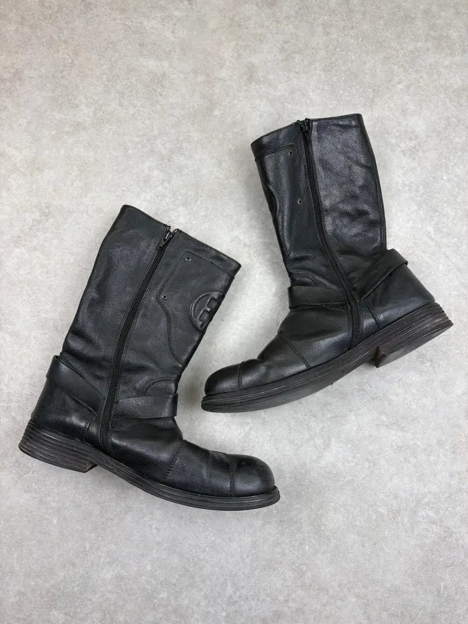 AW2003 Emporio Armani Black Buckle Leather High Boots ppPuEZF 1