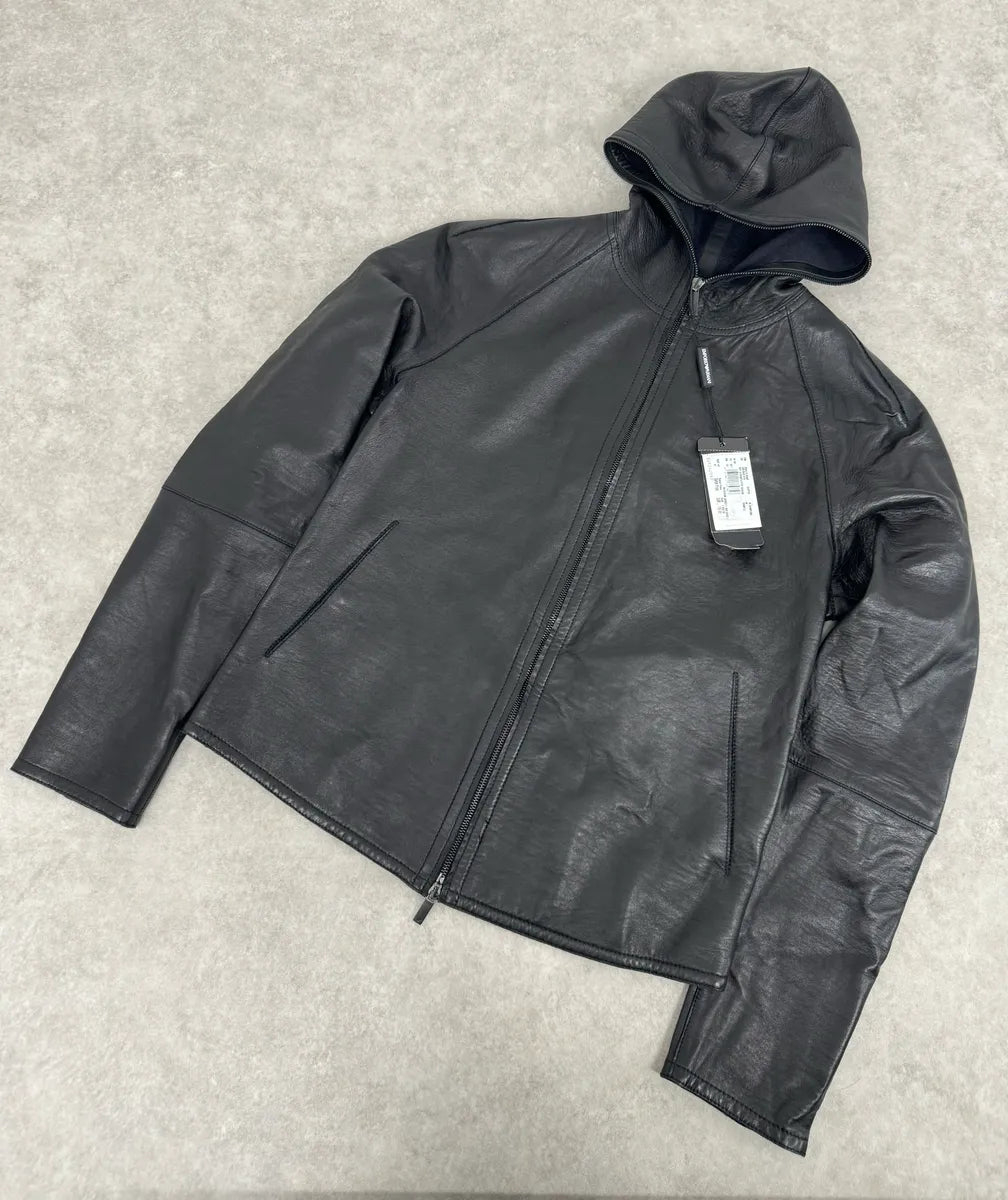 SS2015 Emporio Armani Black Leather Hooded Jacket EfsbSnZ 4