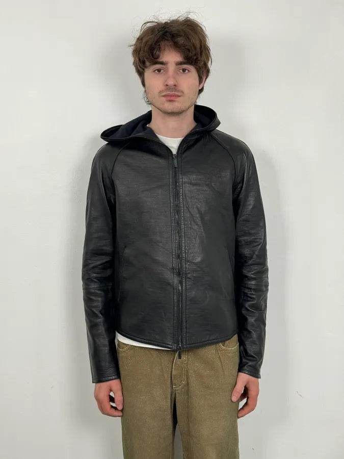 SS2015 Emporio Armani Black Leather Hooded Jacket EfsbSnZ 1