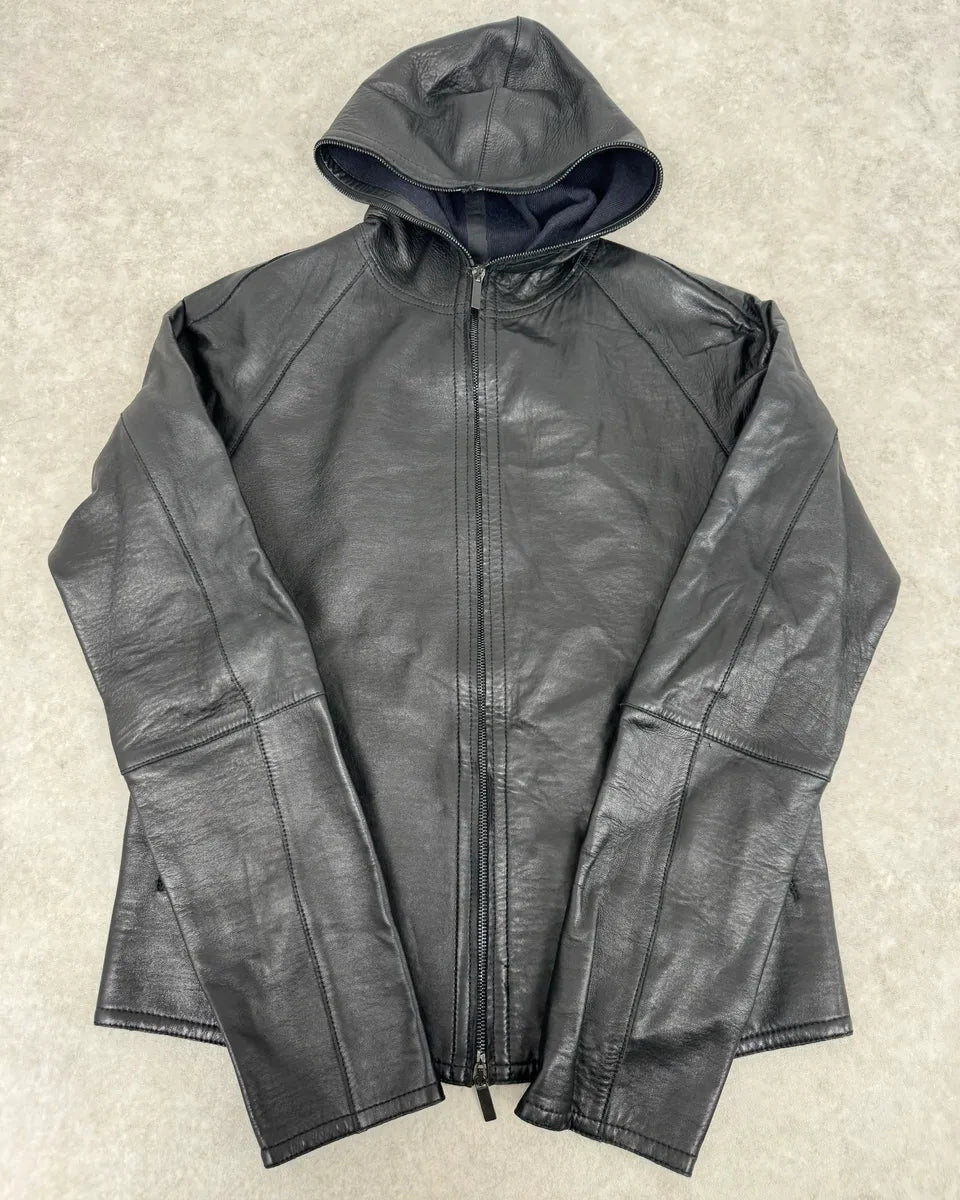SS2015 Emporio Armani Black Leather Hooded Jacket EfsbSnZ 0