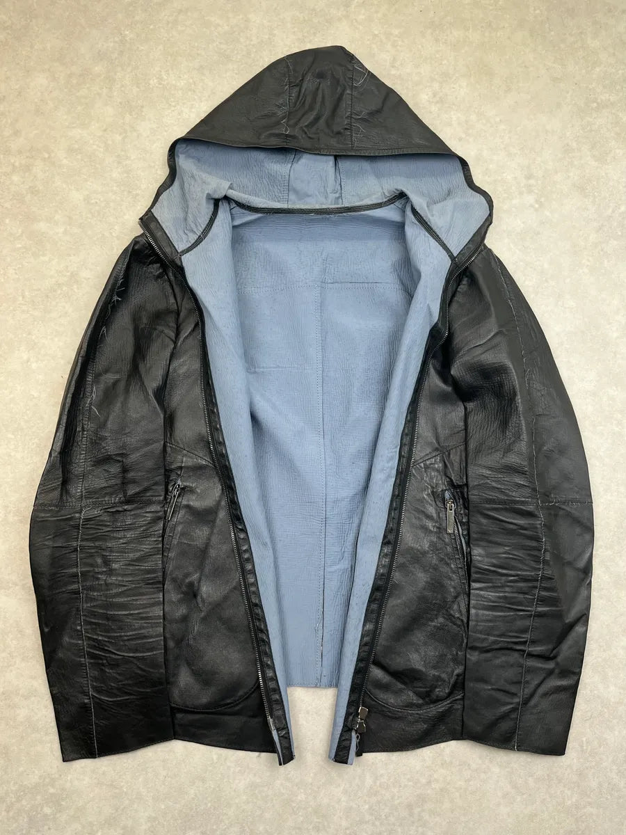 SS2013 Emporio Armani Black Hooded Leather Jacket sRSbBVL 9