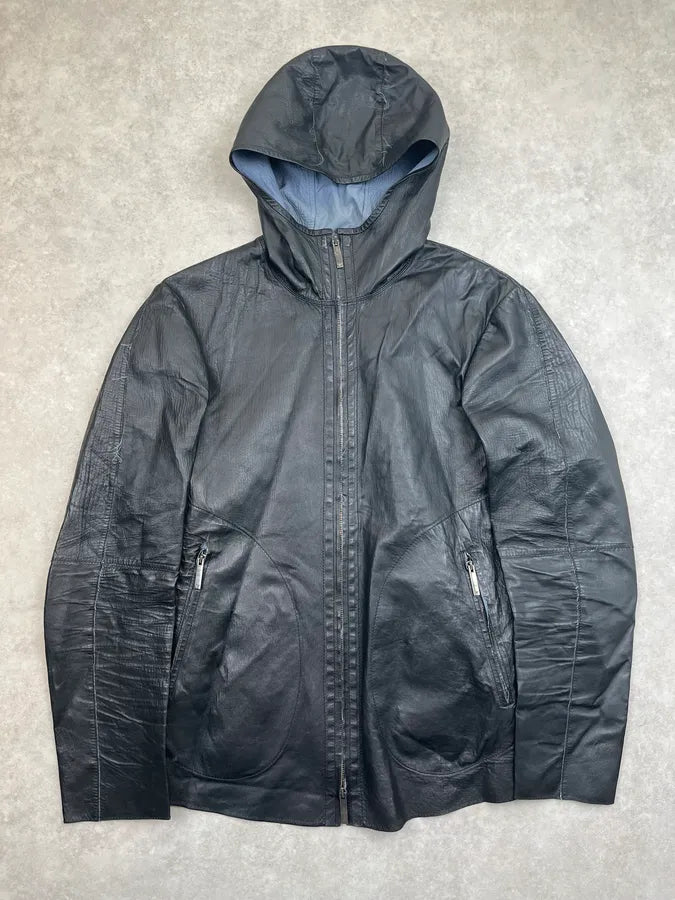 SS2013 Emporio Armani Black Hooded Leather Jacket sRSbBVL 0