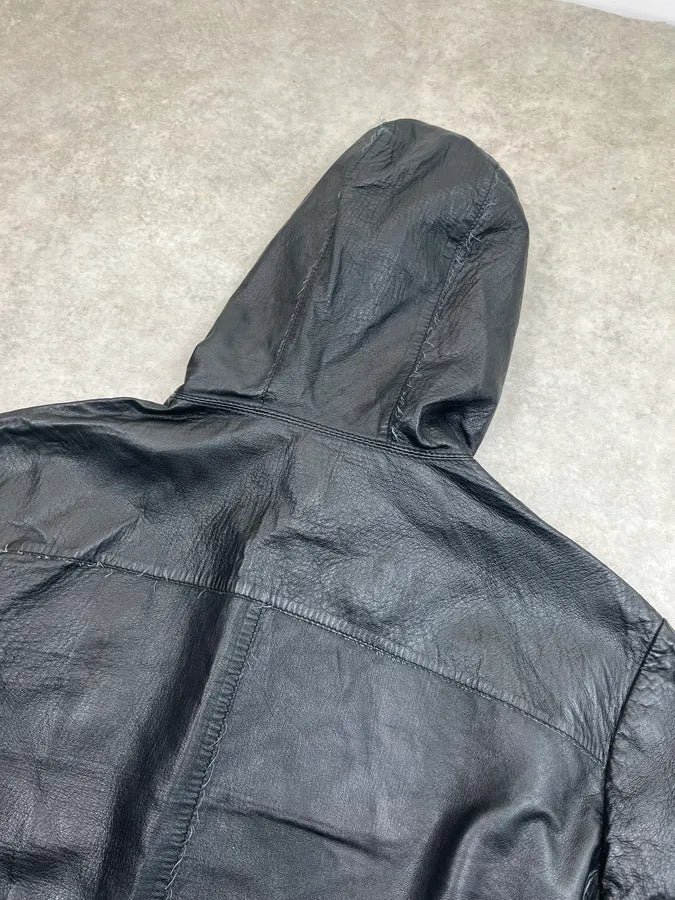 SS2013 Emporio Armani Black Hooded Leather Jacket sRSbBVL 6