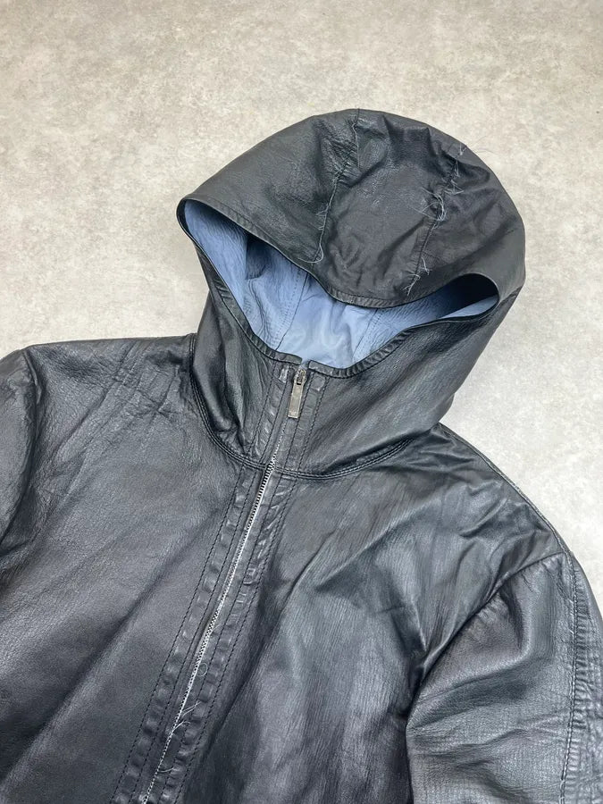 SS2013 Emporio Armani Black Hooded Leather Jacket sRSbBVL 4