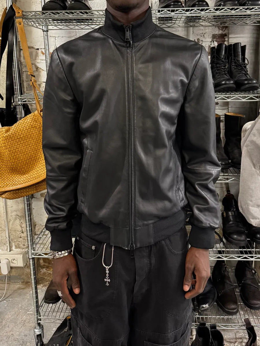 AW2019 Emporio Armani Black Leather Minimalist Biker Jacket bVengcp 1