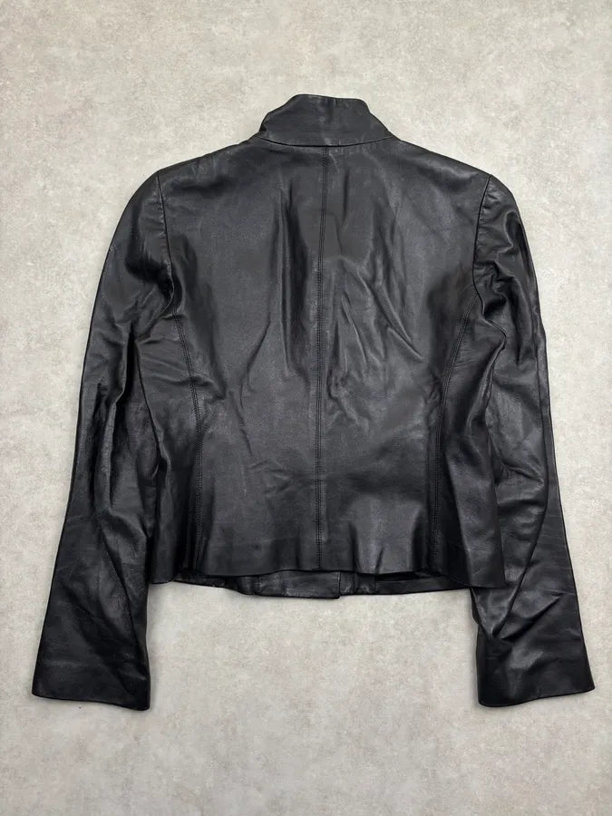 AW2003 Emporio Armani Black Leather Blazer Jacket WngBfZx 4