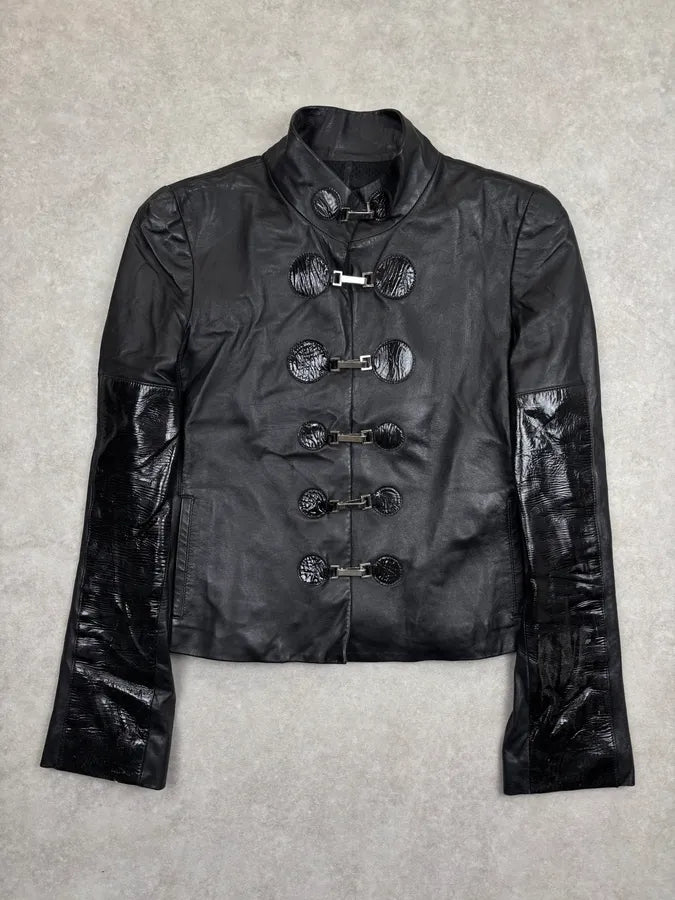AW2003 Emporio Armani Black Leather Blazer Jacket WngBfZx 0