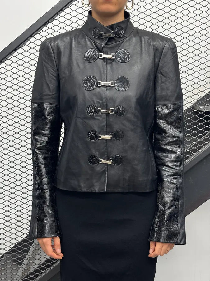 AW2003 Emporio Armani Black Leather Blazer Jacket WngBfZx 1