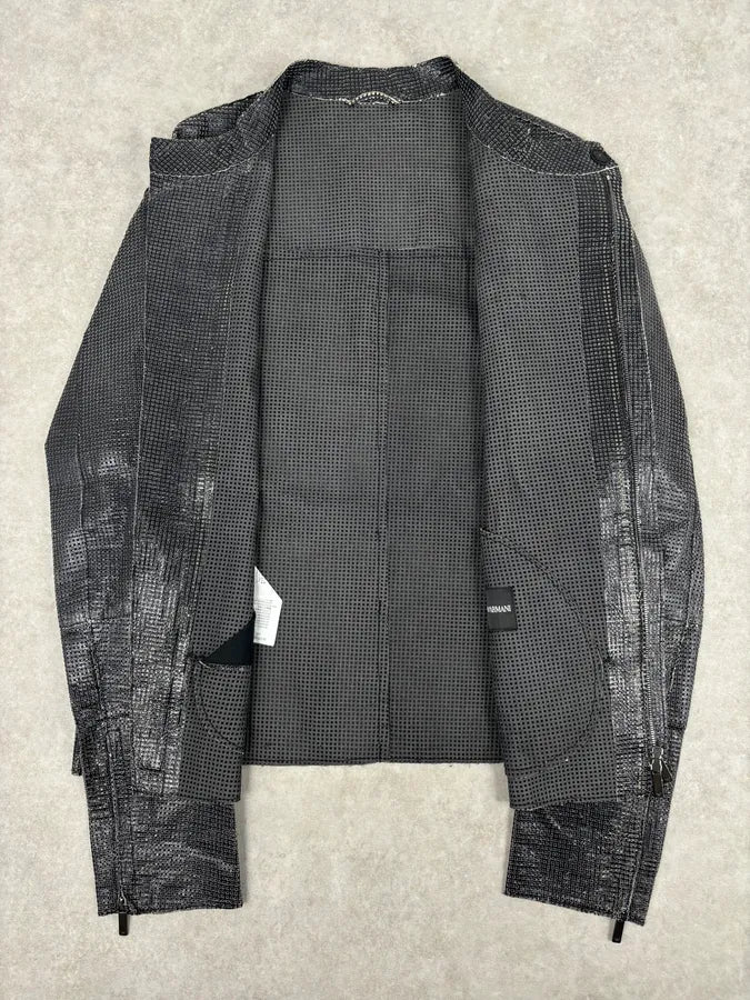 SS2014 Emporio Armani Dark Grey Leather Perforated Laser-Cut Jacket XNcfWbG 5