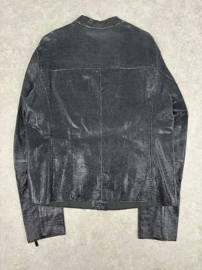 SS2014 Emporio Armani Dark Grey Leather Perforated Laser-Cut Jacket XNcfWbG 7