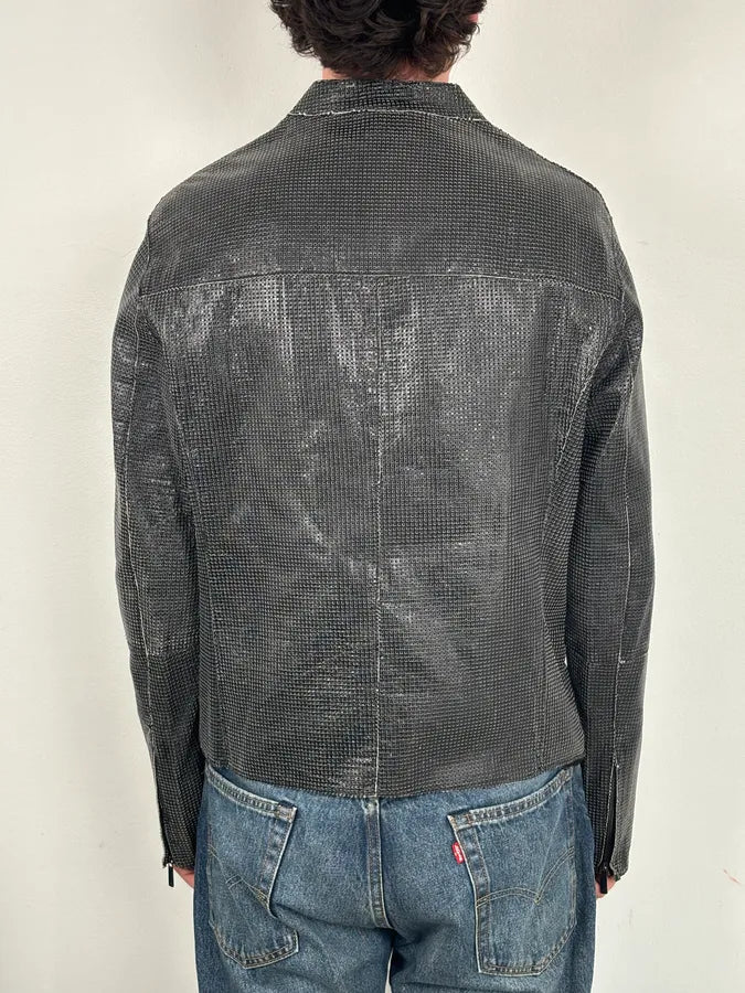 SS2014 Emporio Armani Dark Grey Leather Perforated Laser-Cut Jacket XNcfWbG 3