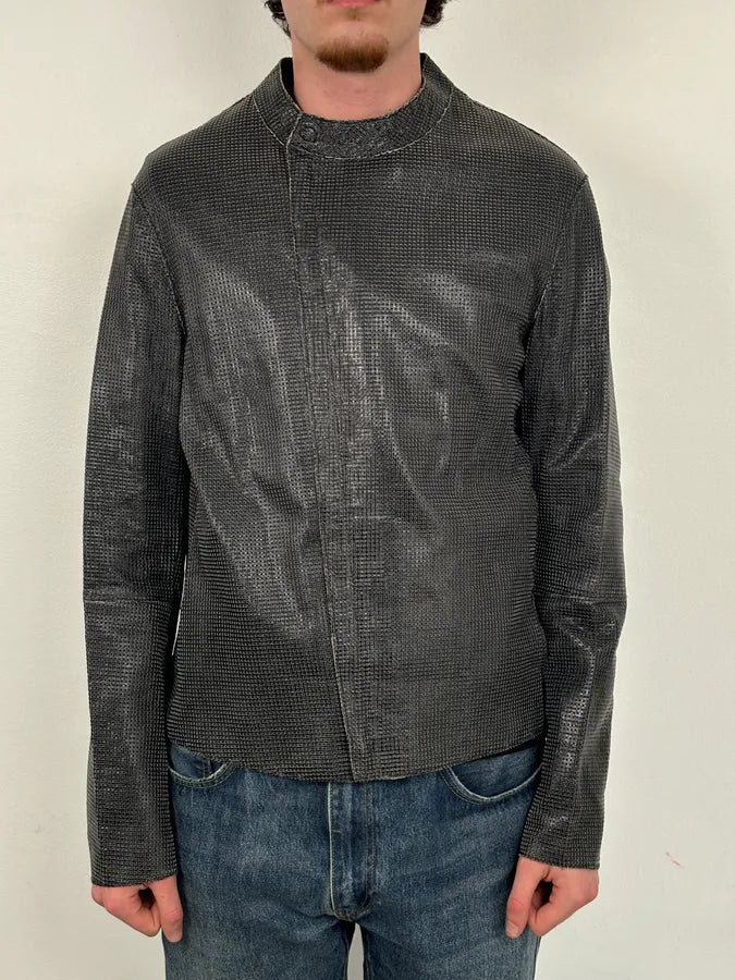 SS2014 Emporio Armani Dark Grey Leather Perforated Laser-Cut Jacket XNcfWbG 2