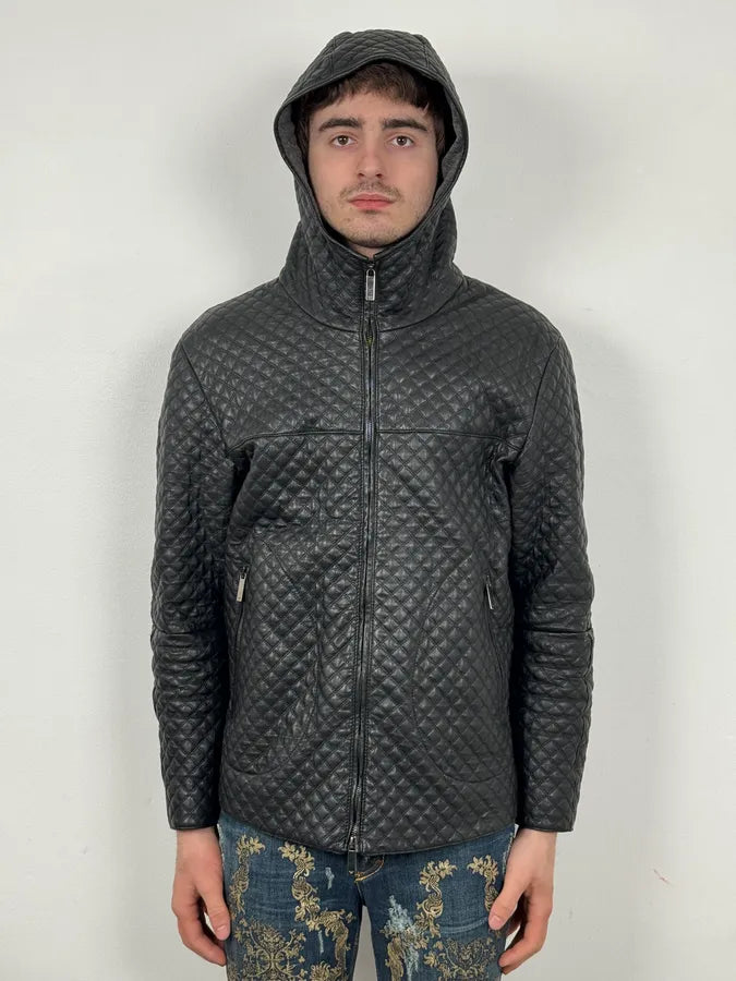 AW2012 Emporio Armani Black Leather Hooded Quilted Jacket JkAAEkR 1