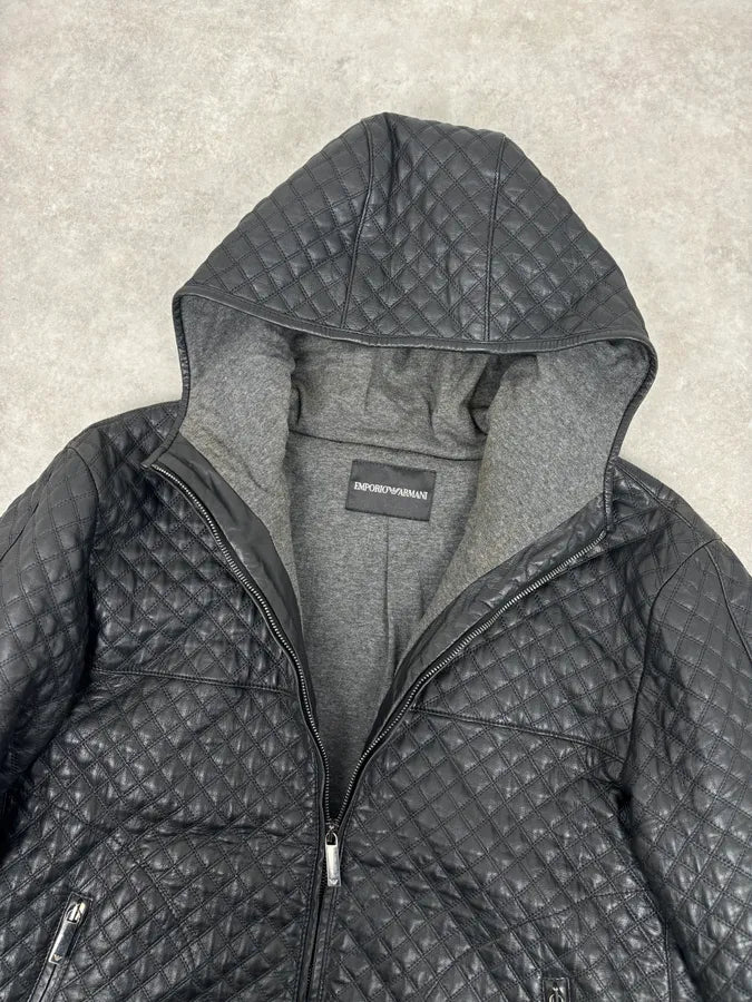 AW2012 Emporio Armani Black Leather Hooded Quilted Jacket JkAAEkR 7