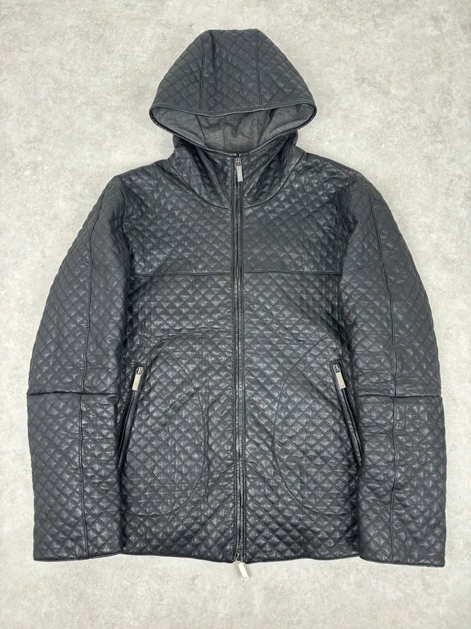 AW2012 Emporio Armani Black Leather Hooded Quilted Jacket JkAAEkR 0