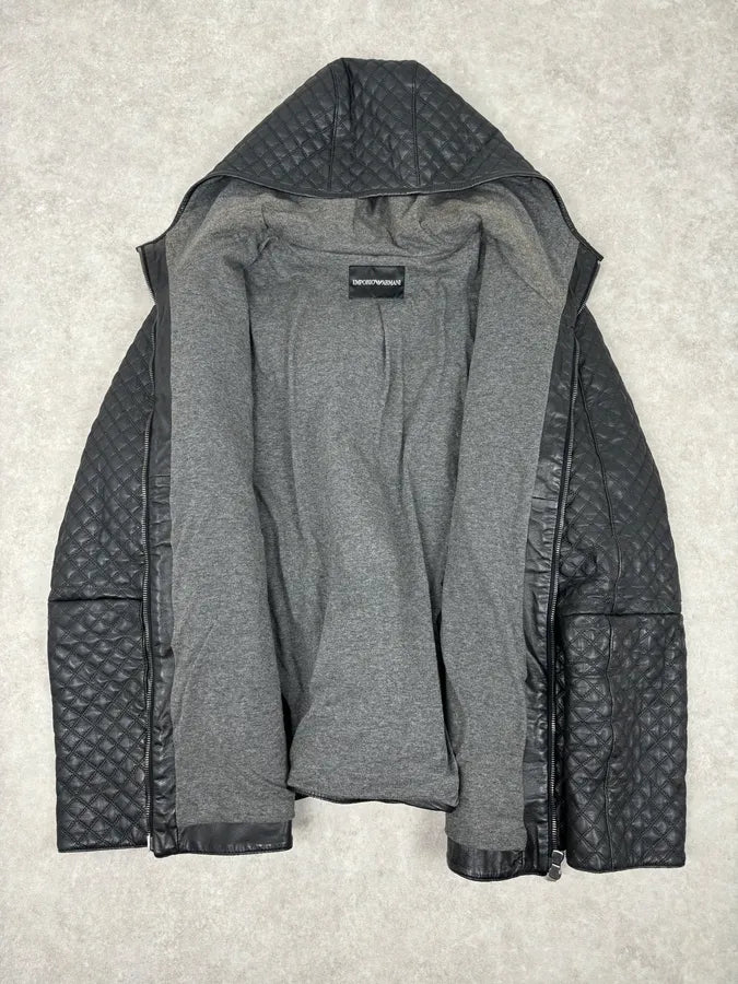 AW2012 Emporio Armani Black Leather Hooded Quilted Jacket JkAAEkR 6