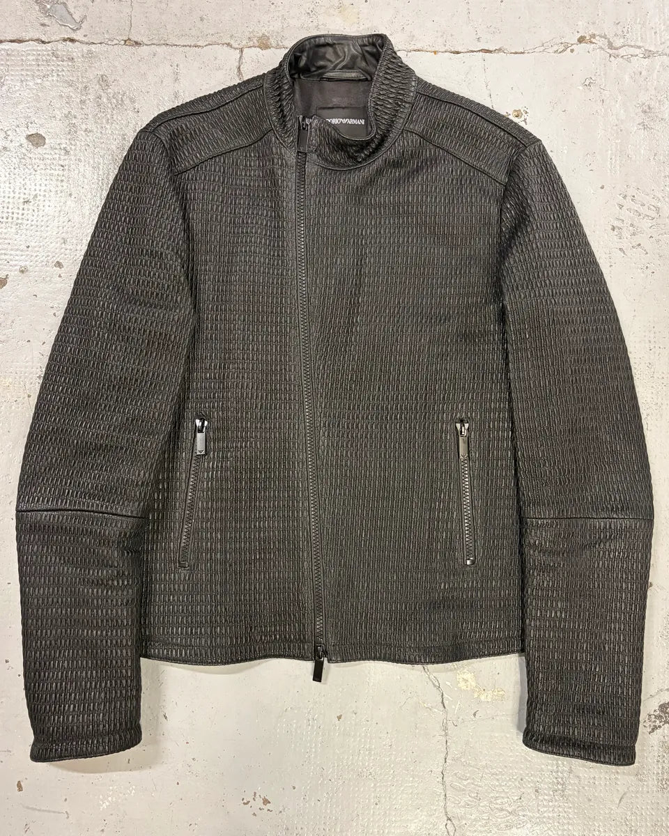 SS2016 Emporio Armani Black Asymmetrical Waffle Leather Jacket JQLTIYt 0