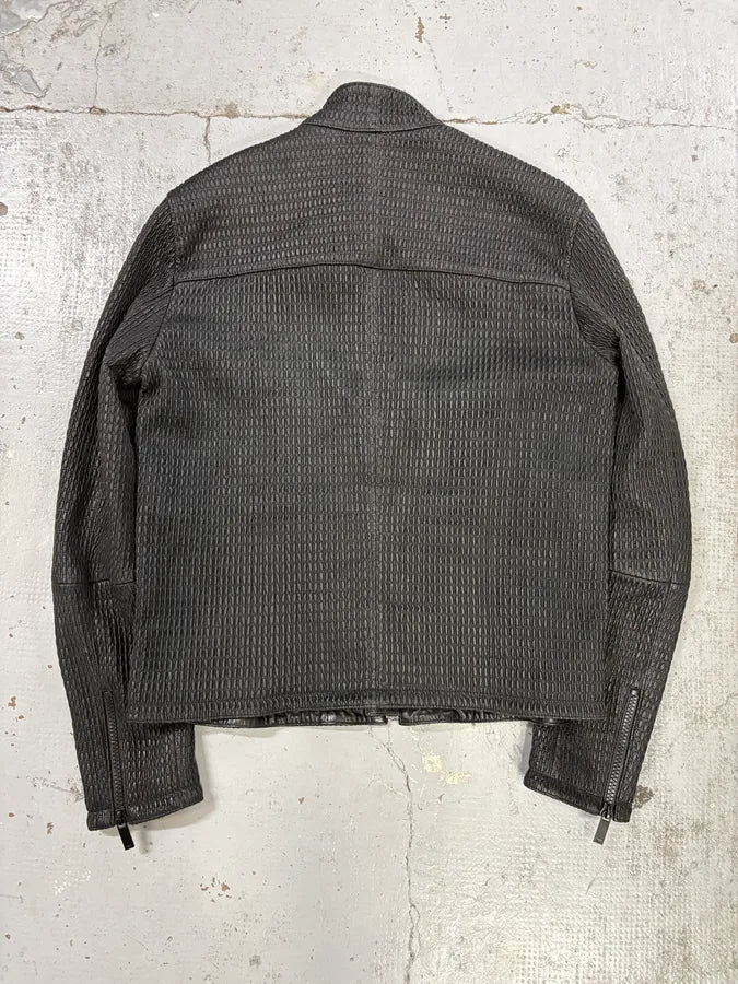 SS2016 Emporio Armani Black Asymmetrical Waffle Leather Jacket JQLTIYt 4