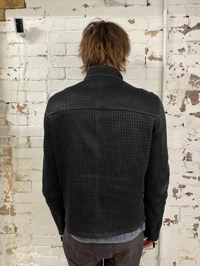 SS2016 Emporio Armani Black Asymmetrical Waffle Leather Jacket JQLTIYt 2
