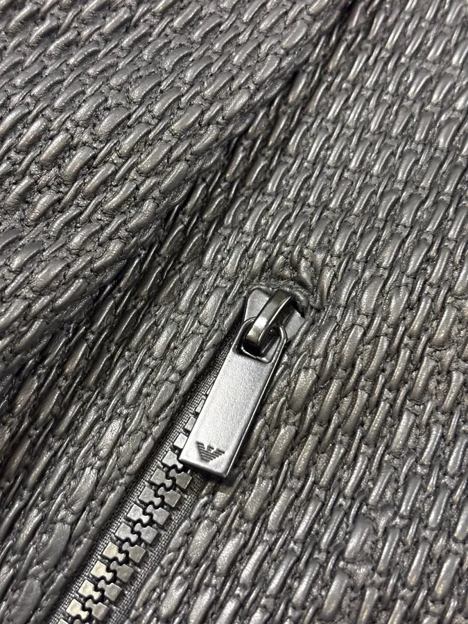 SS2016 Emporio Armani Black Asymmetrical Waffle Leather Jacket JQLTIYt 8