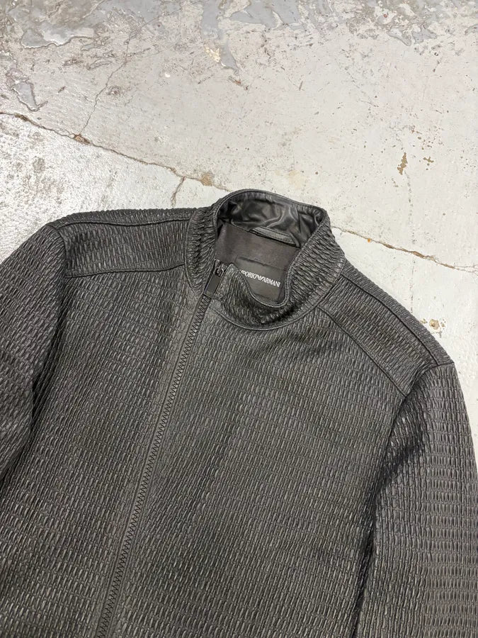 SS2016 Emporio Armani Black Asymmetrical Waffle Leather Jacket JQLTIYt 3