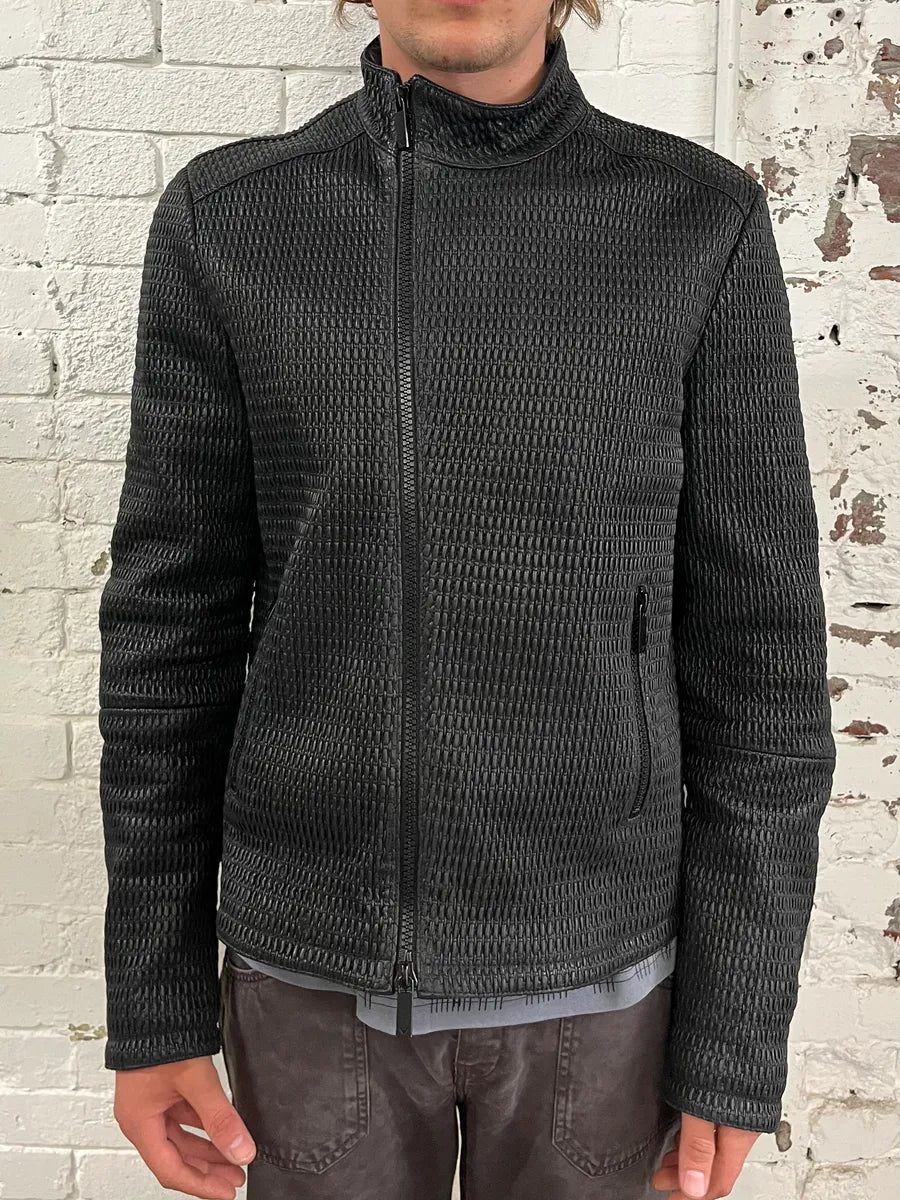 SS2016 Emporio Armani Black Asymmetrical Waffle Leather Jacket JQLTIYt 1