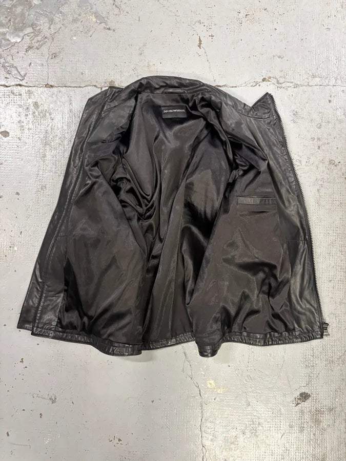 SS2016 Emporio Armani Black Asymmetrical Waffle Leather Jacket JQLTIYt 6