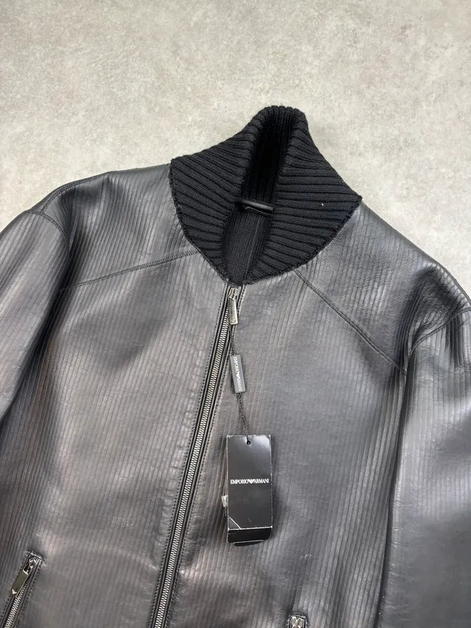 AW2012 Emporio Armani Black Leather Ribbed Jacket IbCNqtq 3