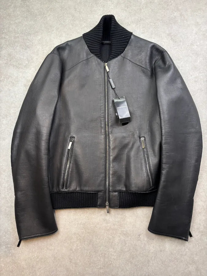 AW2012 Emporio Armani Black Leather Ribbed Jacket IbCNqtq 0