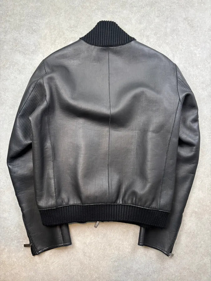 AW2012 Emporio Armani Black Leather Ribbed Jacket IbCNqtq 4