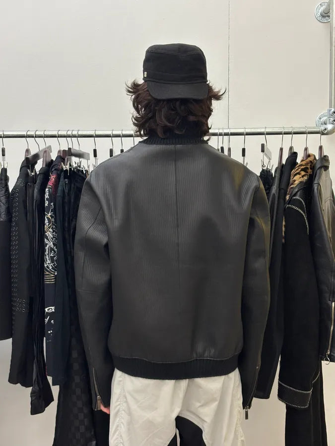 AW2012 Emporio Armani Black Leather Ribbed Jacket IbCNqtq 2