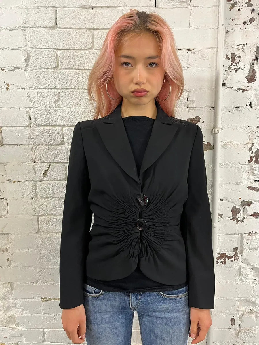 SS2006 Emporio Armani Black Ruched Wool Blazer Jacket NVXoRQU 1