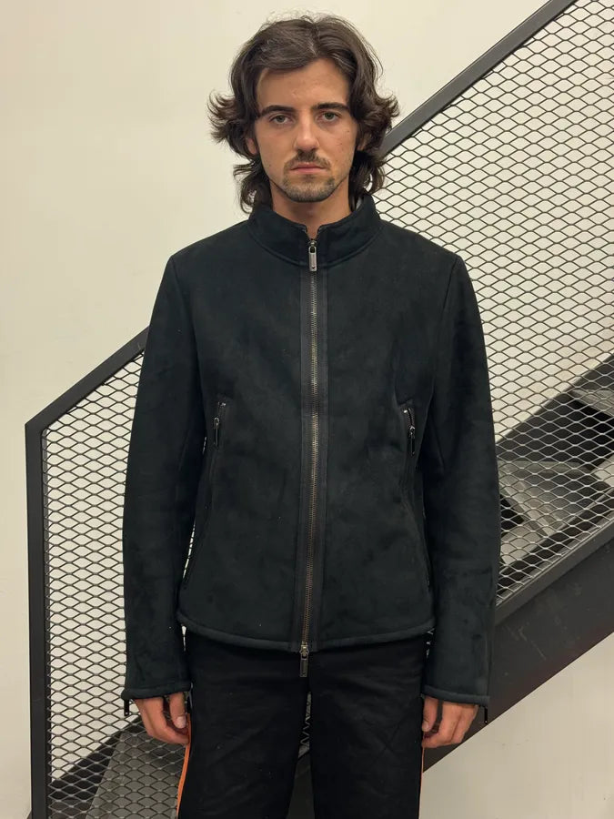 2000s Emporio Armani Black Suede Tornado Zips Fur Lined Jacket JYKrnAA 2