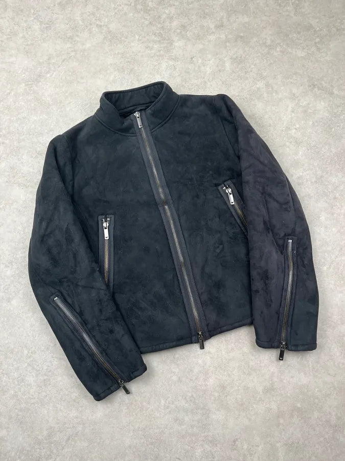 2000s Emporio Armani Black Suede Tornado Zips Fur Lined Jacket JYKrnAA 4