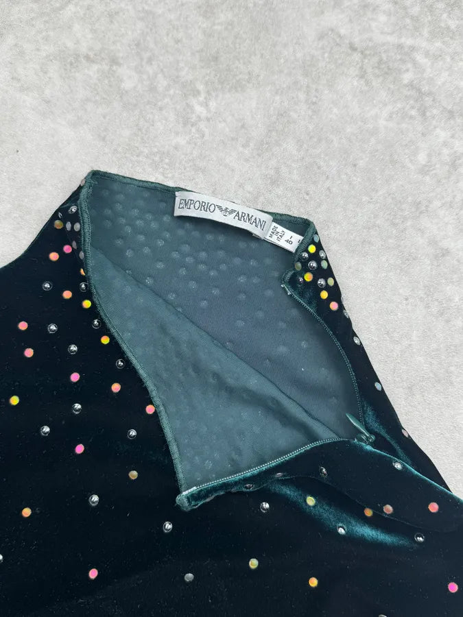 1990s Emporio Armani Dark Green Velvet Galaxy Pearls Top tyQUShB 8