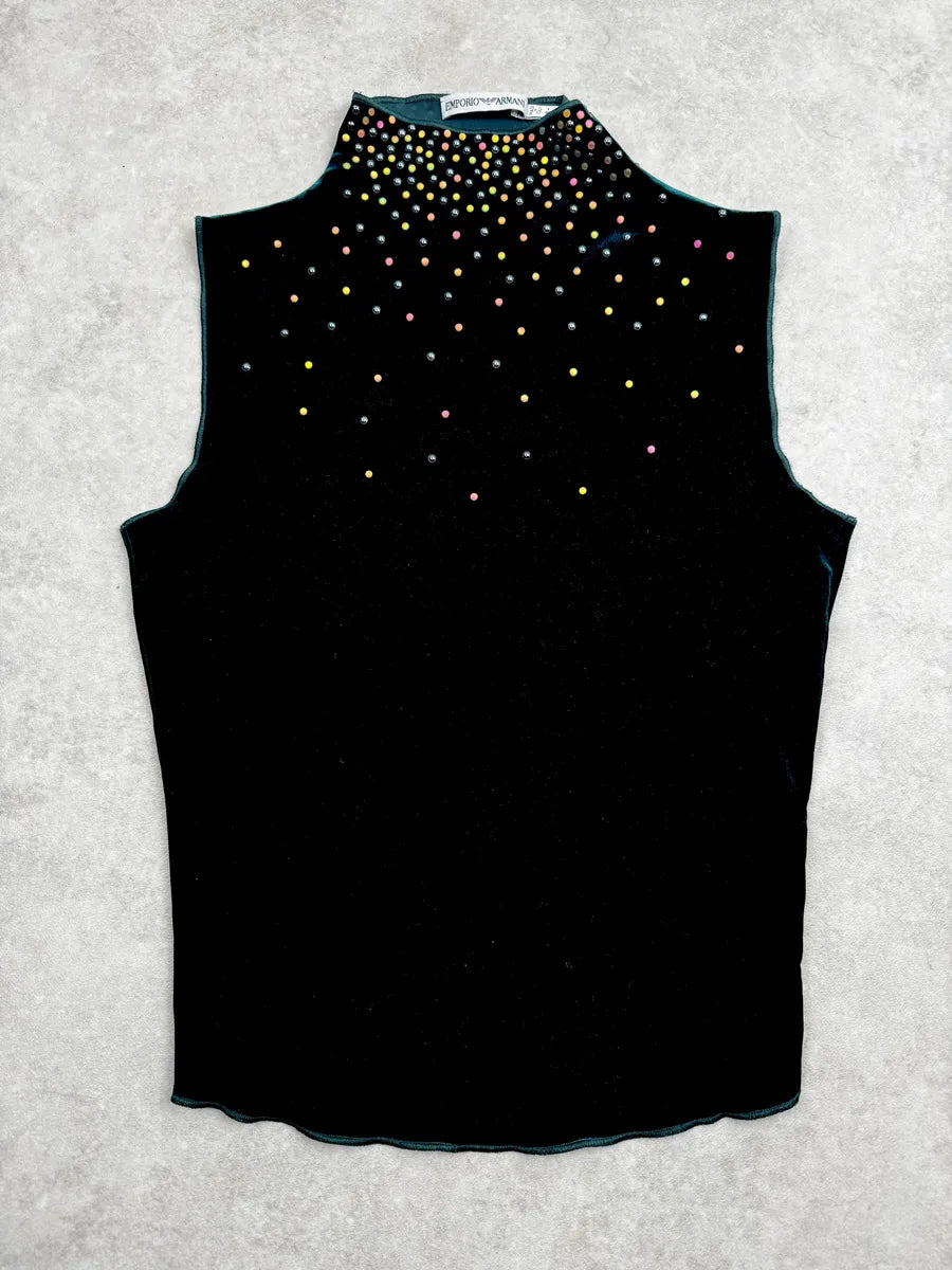 1990s Emporio Armani Dark Green Velvet Galaxy Pearls Top tyQUShB 0