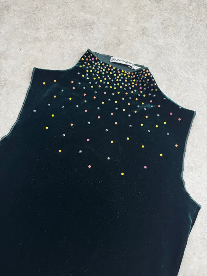 1990s Emporio Armani Dark Green Velvet Galaxy Pearls Top tyQUShB 4