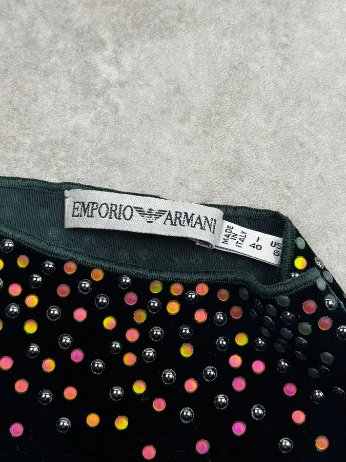 1990s Emporio Armani Dark Green Velvet Galaxy Pearls Top tyQUShB 7