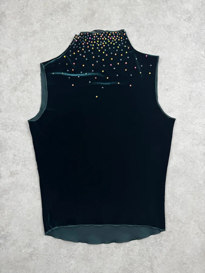 1990s Emporio Armani Dark Green Velvet Galaxy Pearls Top tyQUShB 1